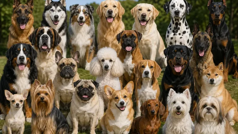 Groupe de chiens de races différentes réunis en extérieur, illustrant une liste complète des races de chiens classées de A à Z.