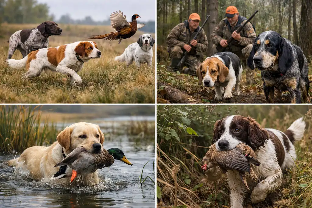 chien de chasse réaliste en action sur différents terrains de chasse avec plusieurs races spécialisées