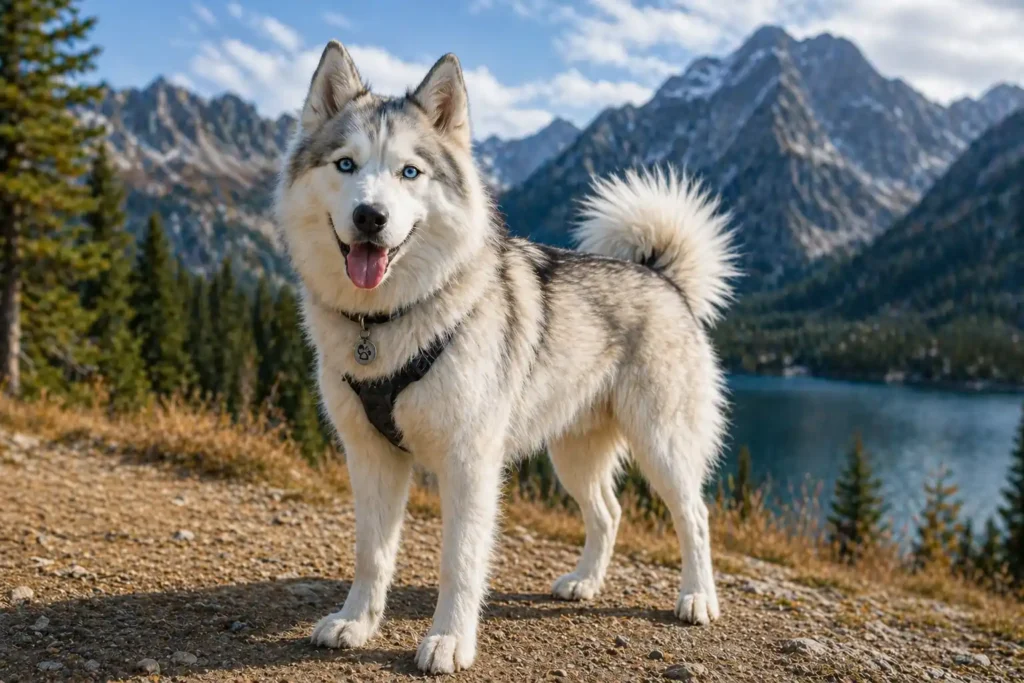 Samsky au pelage nordique gris et blanc debout sur un sentier de montagne, illustrant un chien croisé Samoyède Husky actif et endurant.