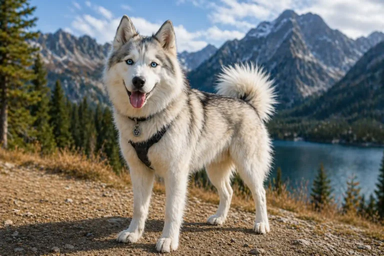 Samsky au pelage nordique gris et blanc debout sur un sentier de montagne, illustrant un chien croisé Samoyède Husky actif et endurant.