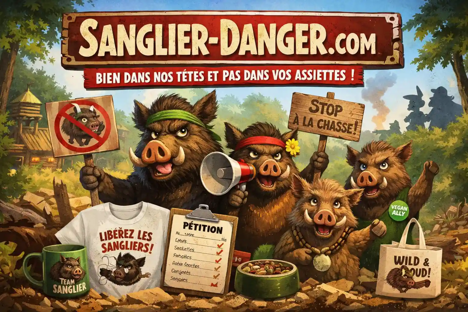 Illustration humoristique de plusieurs sangliers anthropomorphes dans une forêt gauloise, inspirée de l’univers d’Astérix