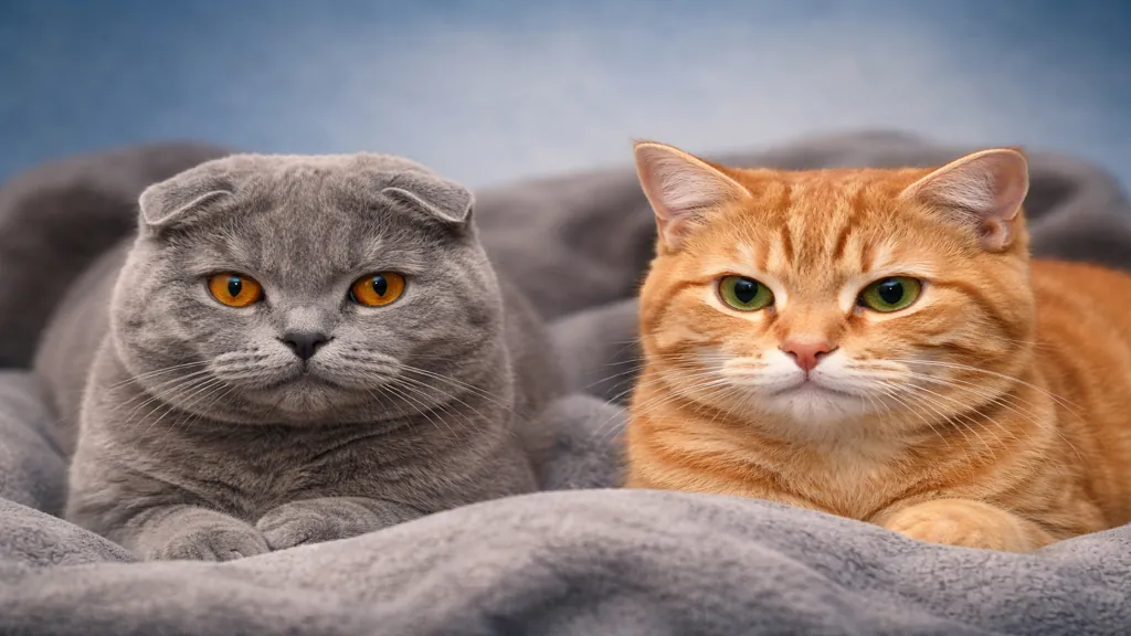 Chat Scottish Fold aux oreilles pliées et Scottish Straight dans un intérieur doux illustrant la différence entre les deux variétés de chats