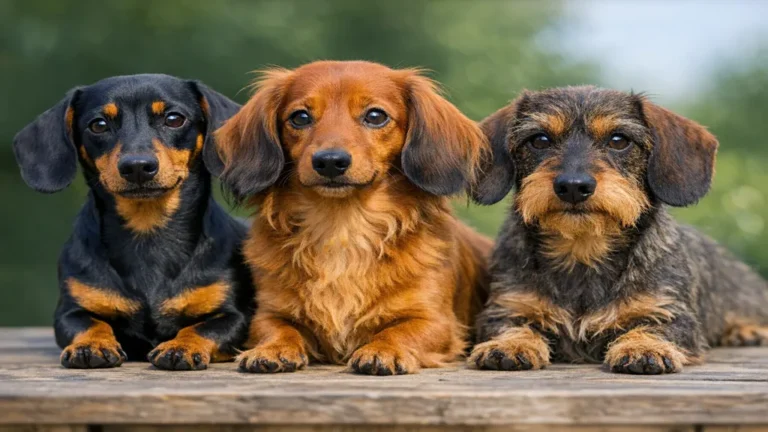 Trois teckels nains poil ras, long et dur posés en extérieur illustrant les différentes variétés de chien saucisse miniature