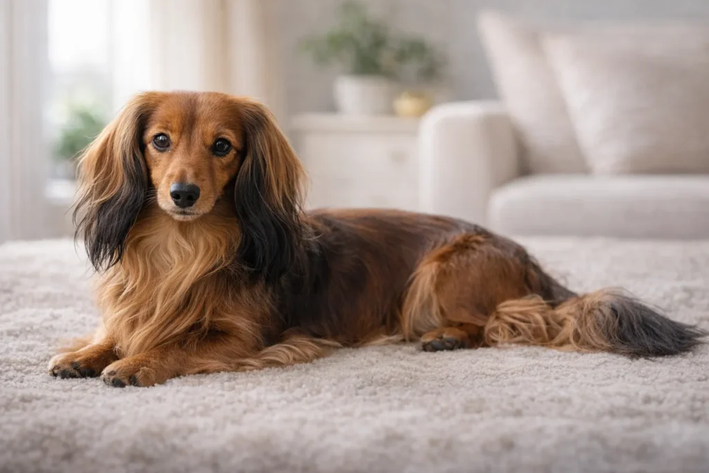 Teckel nain poil long allongé dans un intérieur lumineux avec robe soyeuse, longues oreilles frangées et regard face caméra