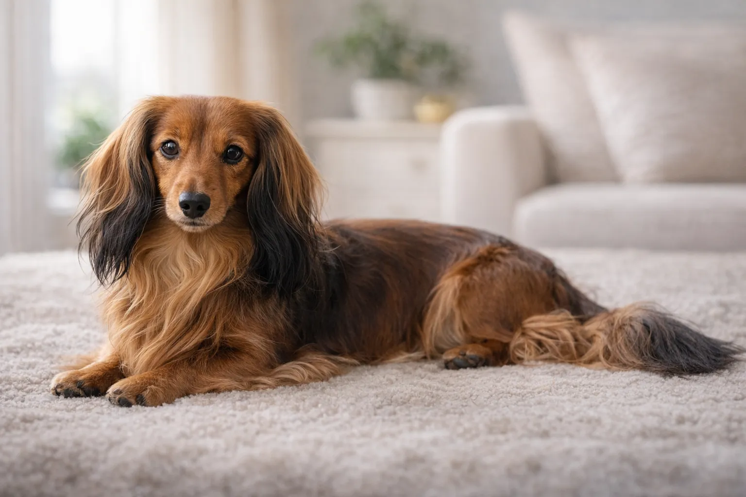 Teckel nain poil long allongé dans un intérieur lumineux avec robe soyeuse, longues oreilles frangées et regard face caméra