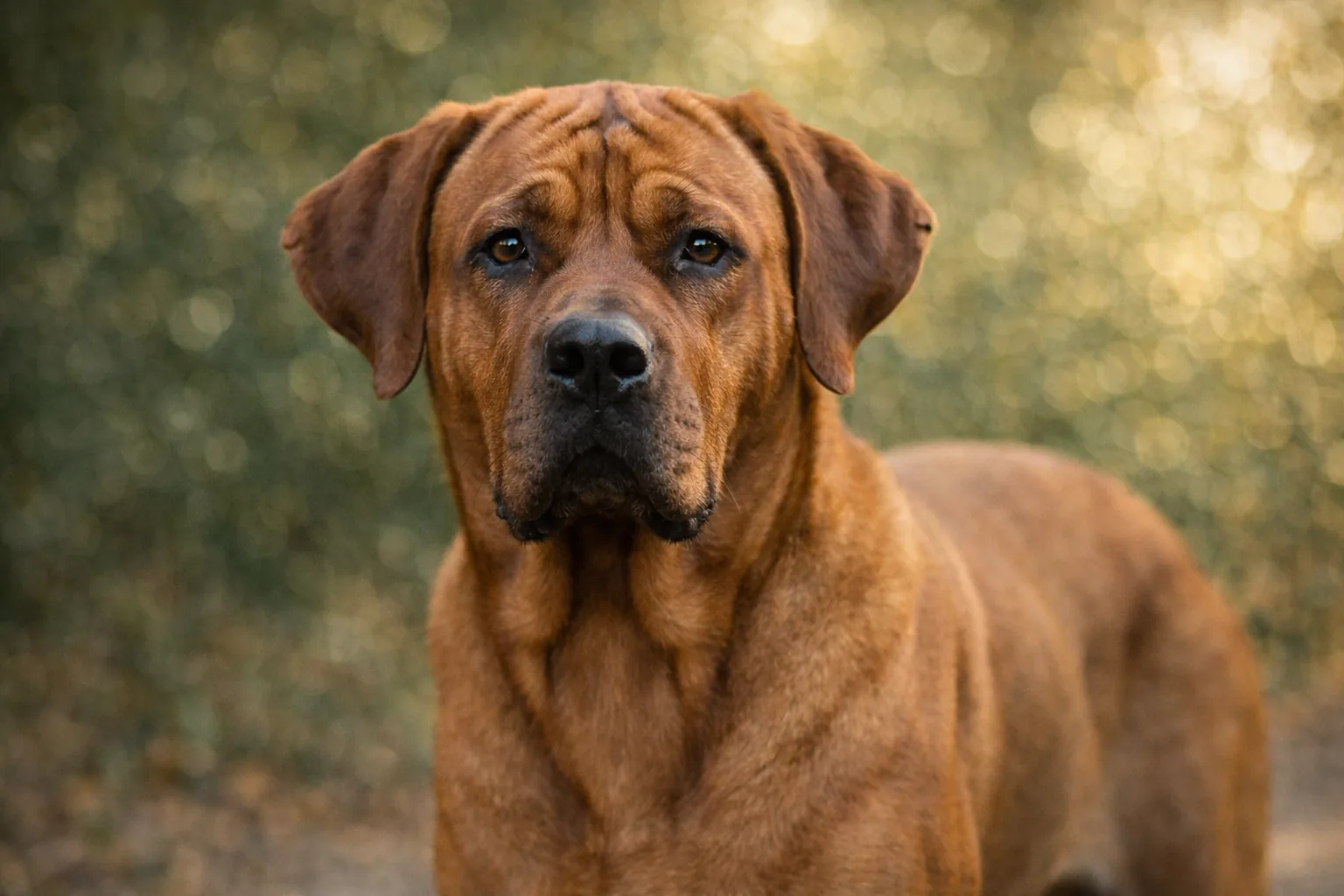 Tosa Inu adulte au gabarit massif et au pelage fauve, chien japonais de type molosse photographié en extérieur avec un regard calme et puissant