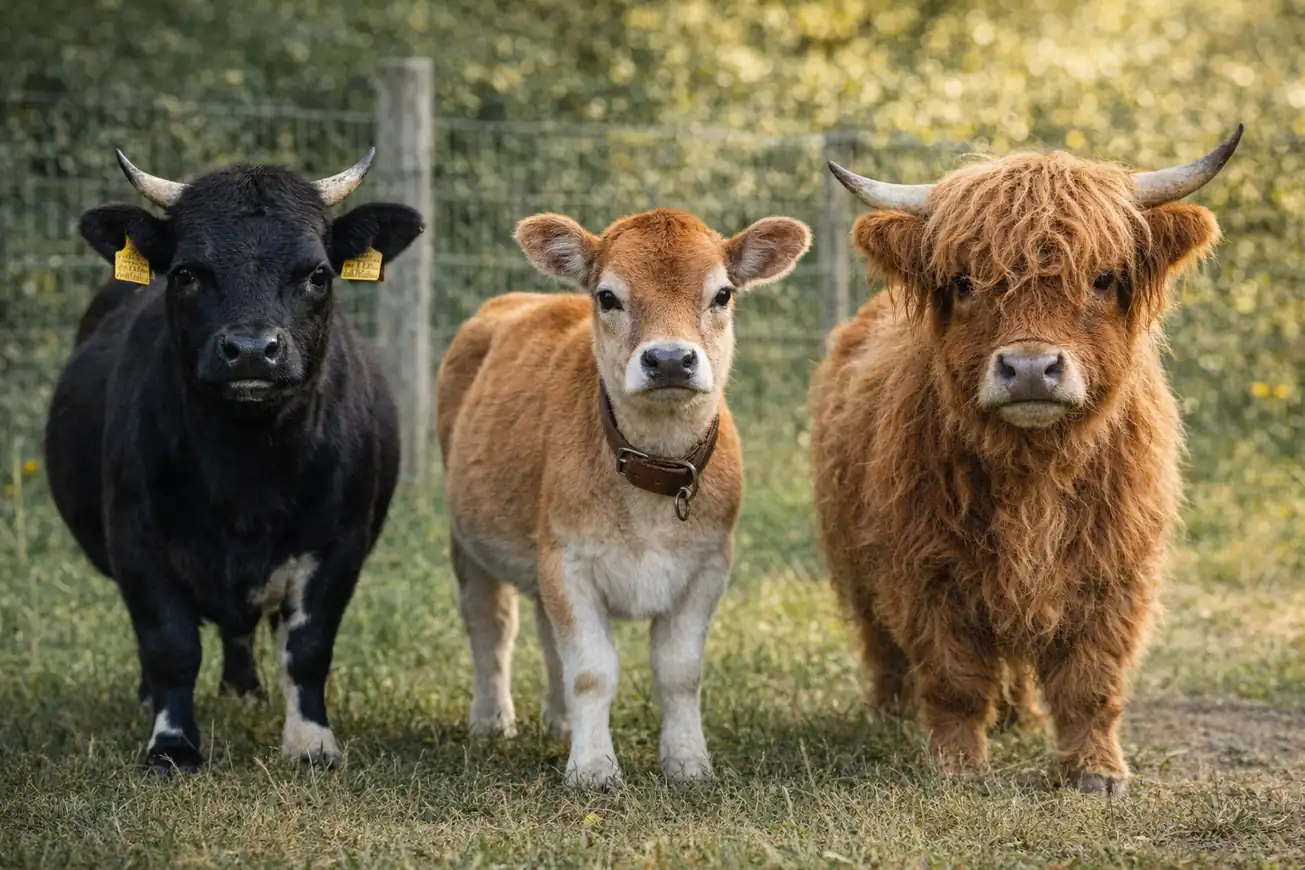 Trois vaches naines de races différentes dans un enclos herbeux, dont une Dexter noire, une Mini Jersey beige et une Highland miniature au pelage long