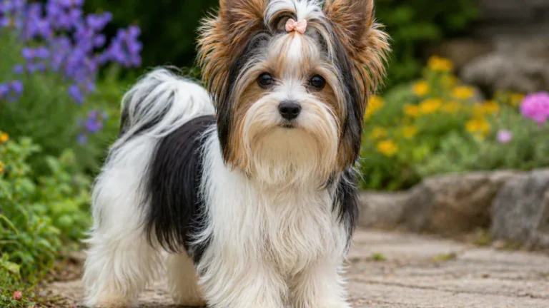 Biewer Terrier tricolore debout dans un jardin avec pelage long et soyeux