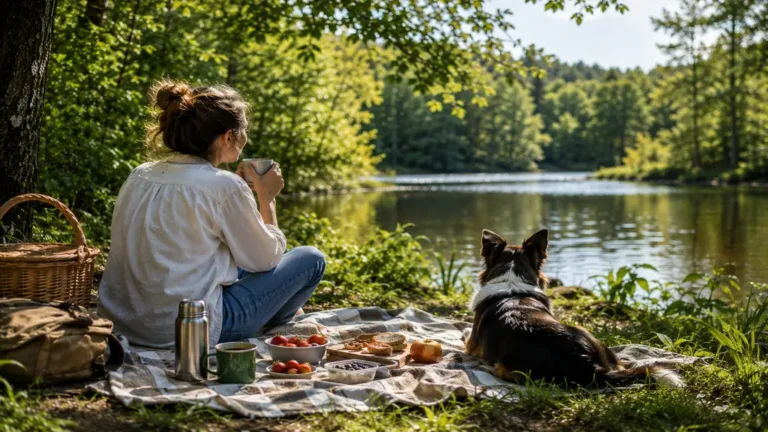 Femme profitant d’un pique-nique au bord d’un lac avec son chien pour se ressourcer le week-end.