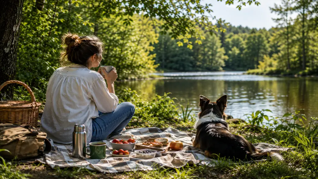 Femme profitant d’un pique-nique au bord d’un lac avec son chien pour se ressourcer le week-end.