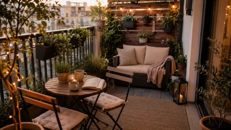 Balcon aménagé avec table, fauteuils, plantes et éclairage doux pour créer un espace extérieur convivial.