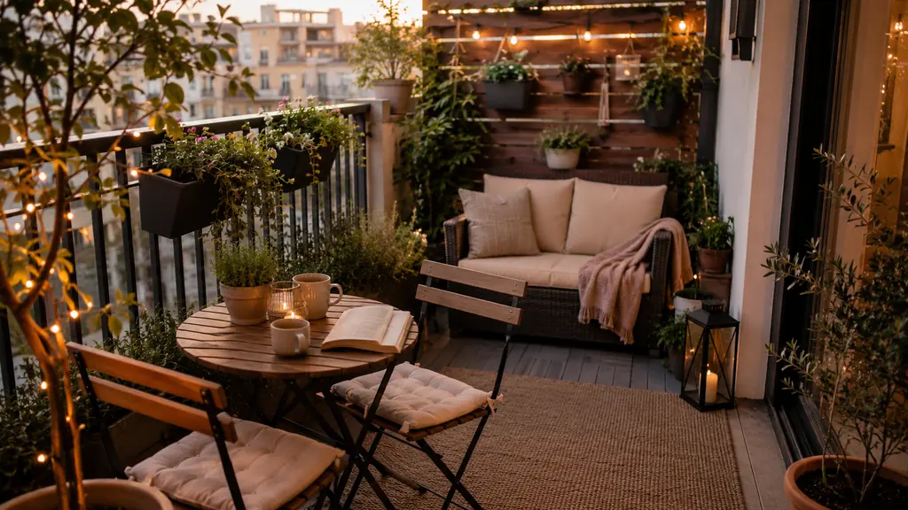 Balcon aménagé avec table, fauteuils, plantes et éclairage doux pour créer un espace extérieur convivial.