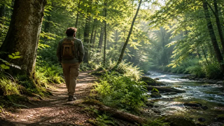 Homme marchant lentement dans une forêt au bord d’une rivière pendant un bain de forêt apaisant.