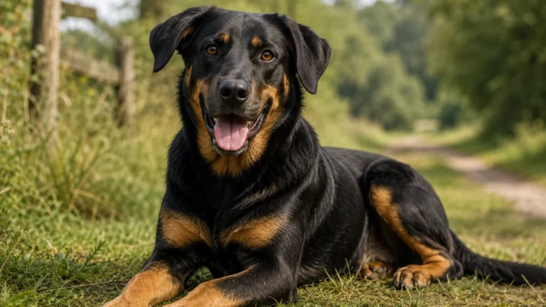Beauceron croisé labrador allongé dans l’herbe sur un chemin de campagne