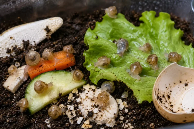 Bébés escargots dans un terrarium humide avec salade, concombre, carotte et coquilles d’œufs.