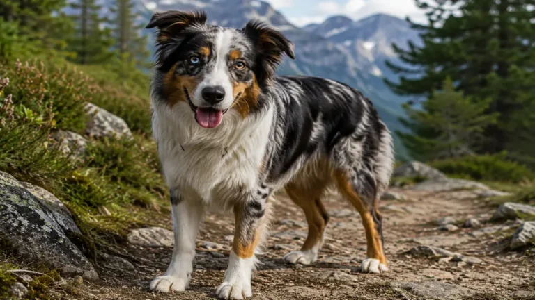 Border collie croisé berger australien sur un sentier de montagne en pleine nature