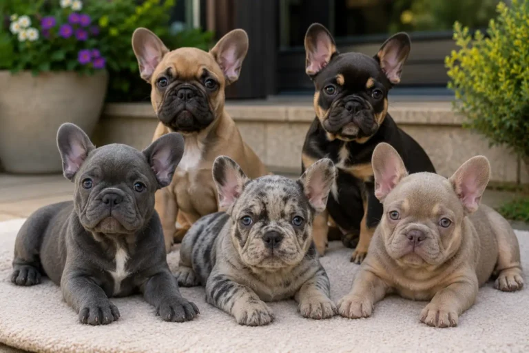 Chiots bouledogues français aux robes rares posés sur une terrasse extérieure lumineuse.