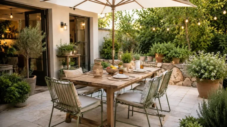 Coin repas extérieur convivial avec table en bois, parasol, plantes et éclairage doux sur une terrasse aménagée.