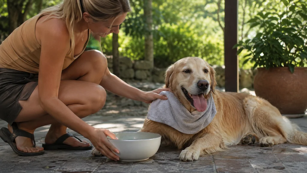 Chien rafraîchi à l’ombre avec une serviette humide et une gamelle d’eau pendant une forte chaleur estivale.