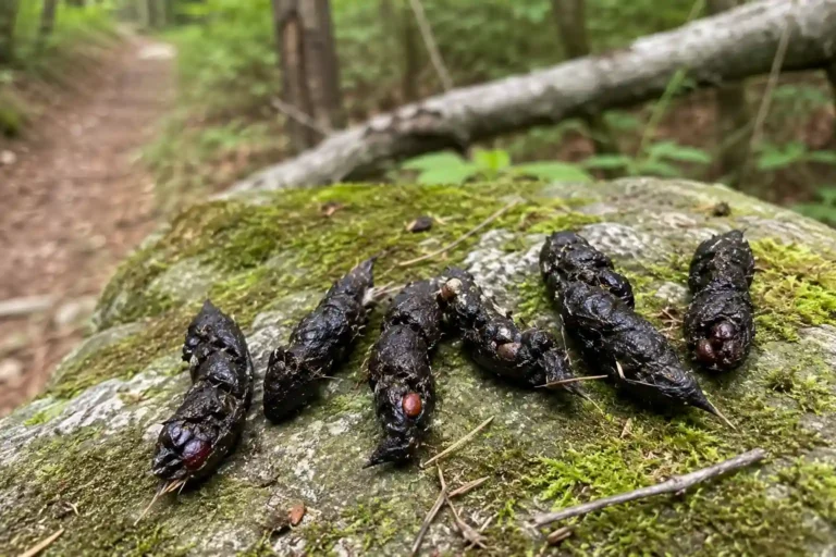 Crotte de martre noire et torsadée déposée sur un rocher moussu en forêt