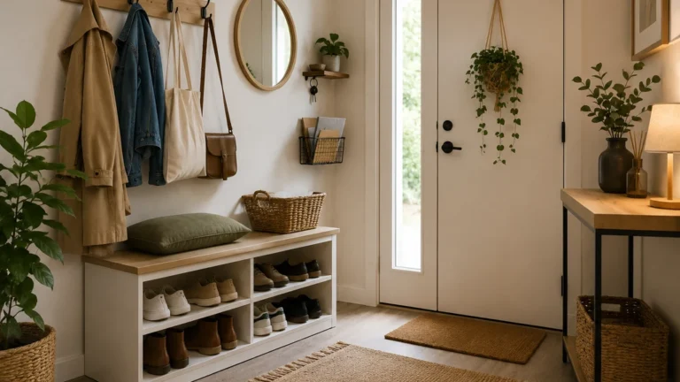 Entrée de maison lumineuse et bien organisée avec banc, rangement à chaussures, patères et plantes décoratives.