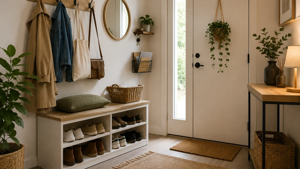 Entrée de maison lumineuse et bien organisée avec banc, rangement à chaussures, patères et plantes décoratives.