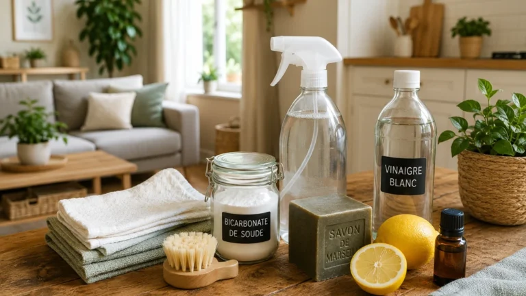 Produits naturels de nettoyage sur une table en bois dans une maison lumineuse et bien entretenue.