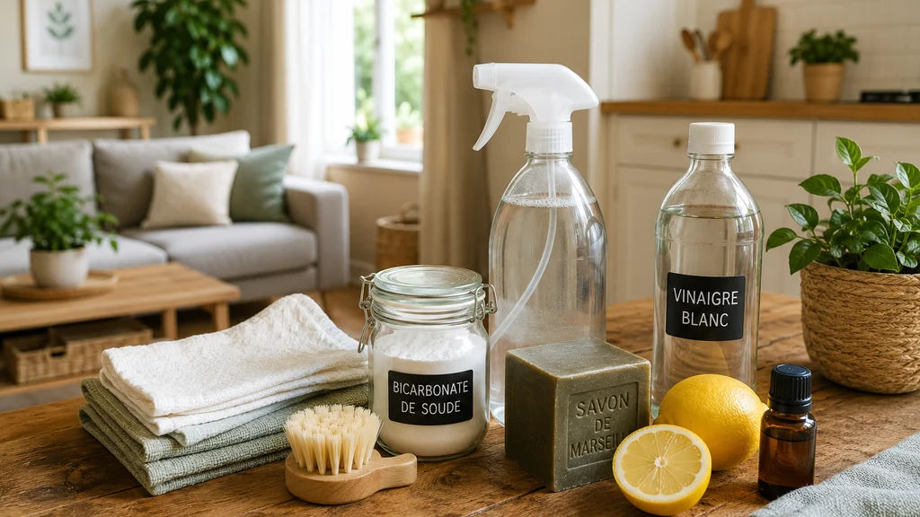 Produits naturels de nettoyage sur une table en bois dans une maison lumineuse et bien entretenue.