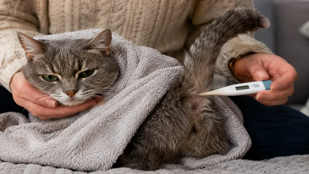 Chat enveloppé dans une serviette pendant une prise de température avec un thermomètre digital à domicile.