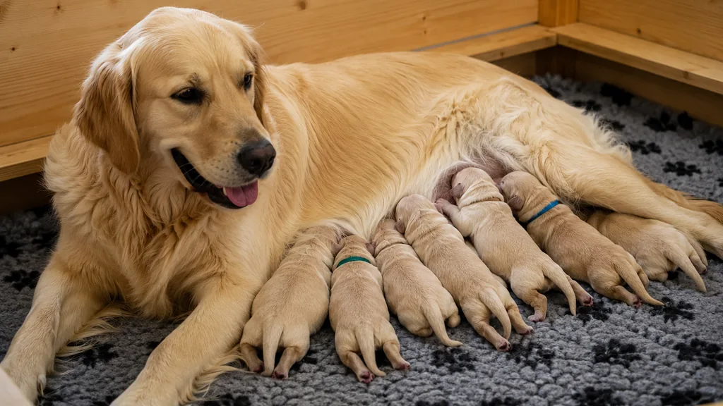 Chienne en gestation allaitant ses chiots dans une caisse de mise bas
