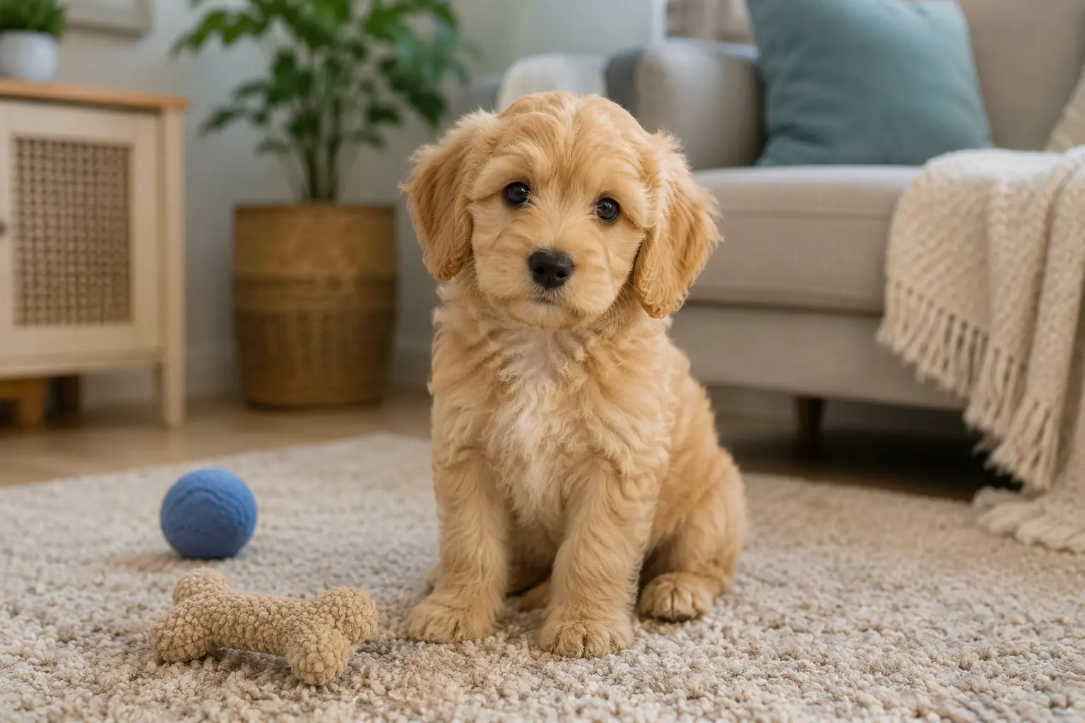 Petit chiot doré au pelage bouclé assis dans un salon lumineux avec des jouets autour de lui.