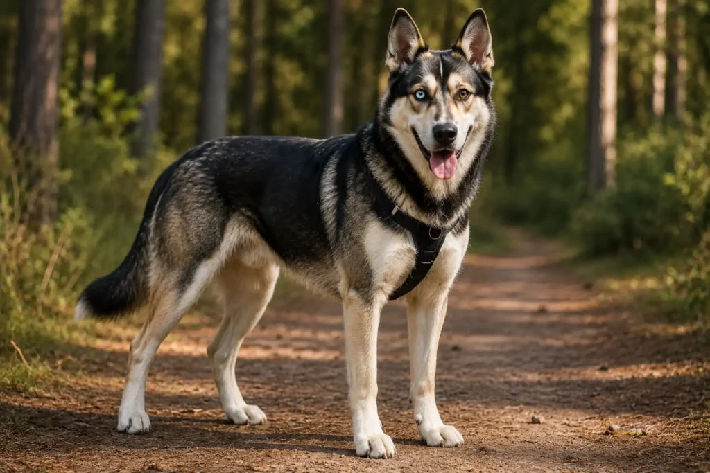 Husky croisé berger allemand debout sur un sentier forestier avec un harnais noir.