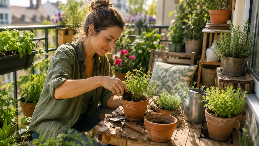 Personne en train de rempoter des herbes aromatiques sur un balcon lumineux pour illustrer les bienfaits du jardinage.