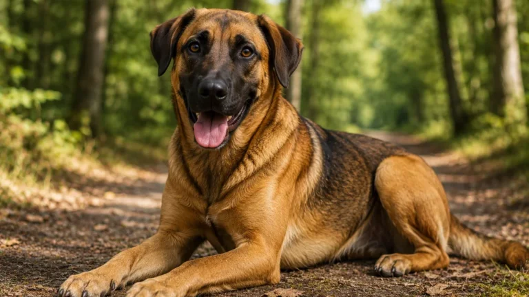 Labrador croisé malinois allongé sur un chemin forestier en pleine nature