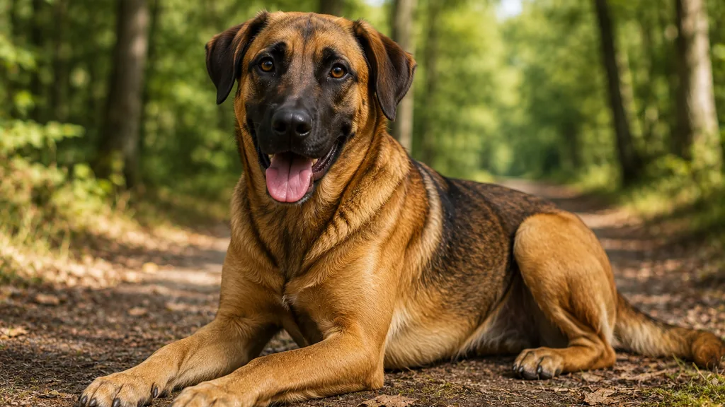 Labrador croisé malinois allongé sur un chemin forestier en pleine nature