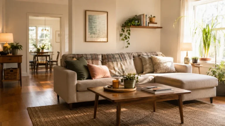 Salon lumineux et chaleureux avec mobilier épuré, plantes et matières naturelles pour rendre une maison plus agréable sans travaux.