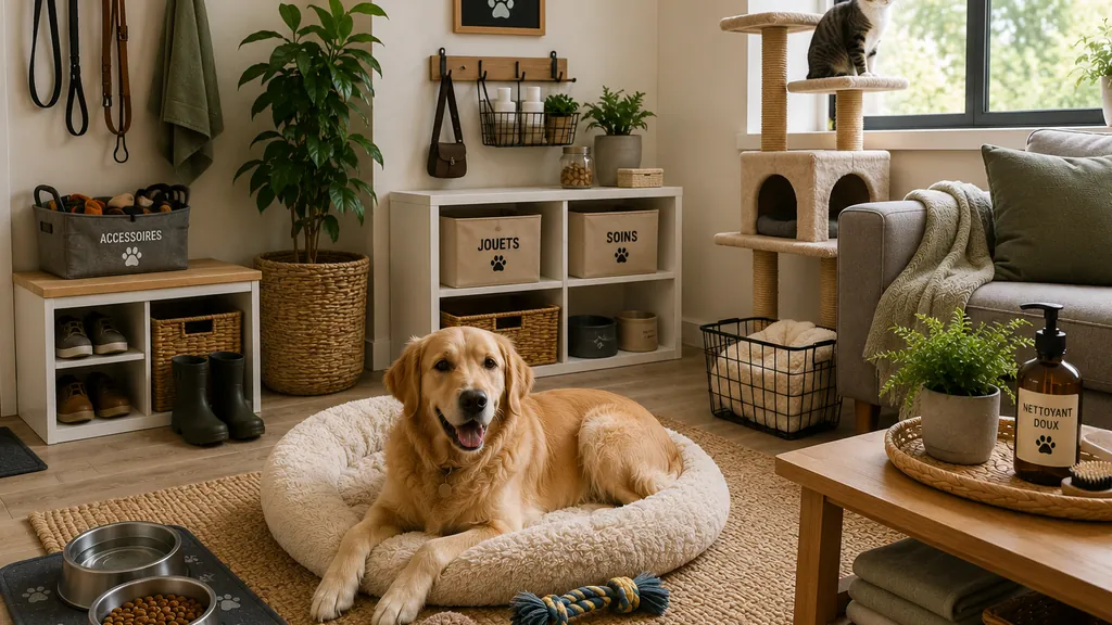 Salon propre et bien organisé avec un chien, un chat, des rangements pour accessoires et un coin repas pour animaux.