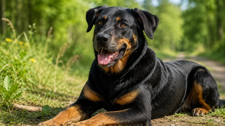 Malinois croisé beauceron allongé dans l’herbe sur un chemin en pleine nature