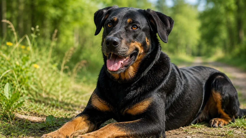 Malinois croisé beauceron allongé dans l’herbe sur un chemin en pleine nature