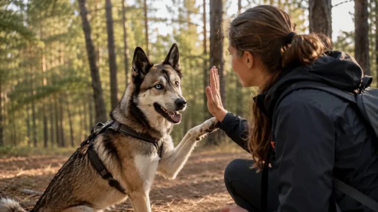 Malinois croisé husky en séance d’éducation avec sa maîtresse dans une forêt lumineuse.
