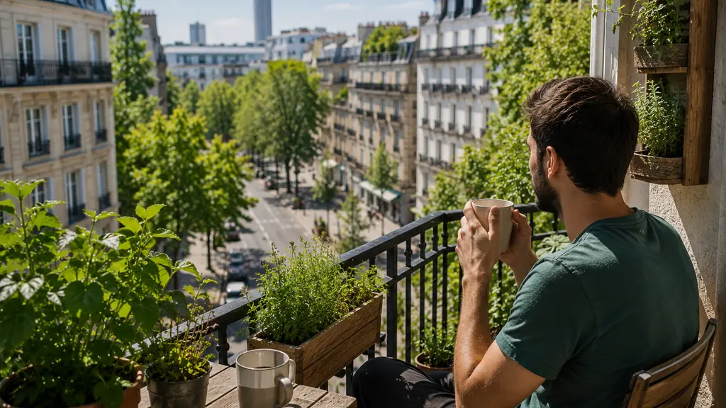 Homme profitant d’un balcon végétalisé en ville pour retrouver un contact avec la nature.