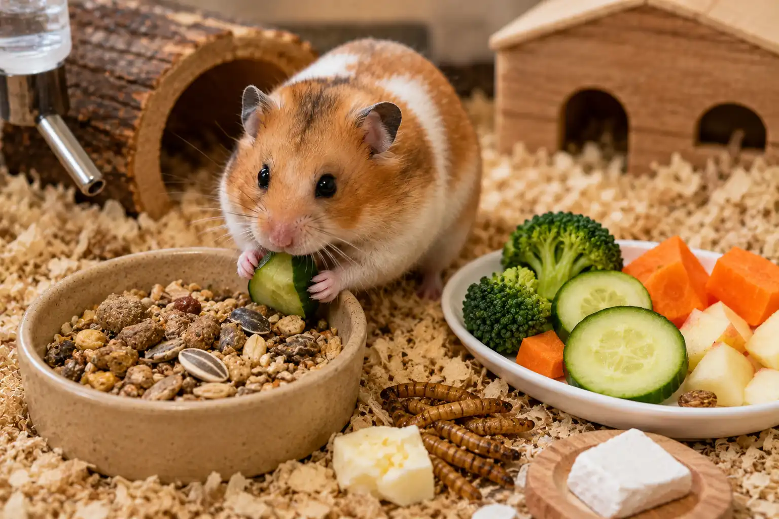 Hamster syrien mangeant du concombre dans son enclos avec graines, légumes frais et vers de farine.