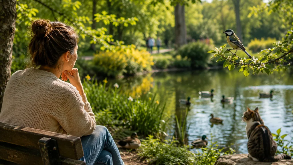 Femme observant des oiseaux et des animaux près d’un étang dans un parc calme.