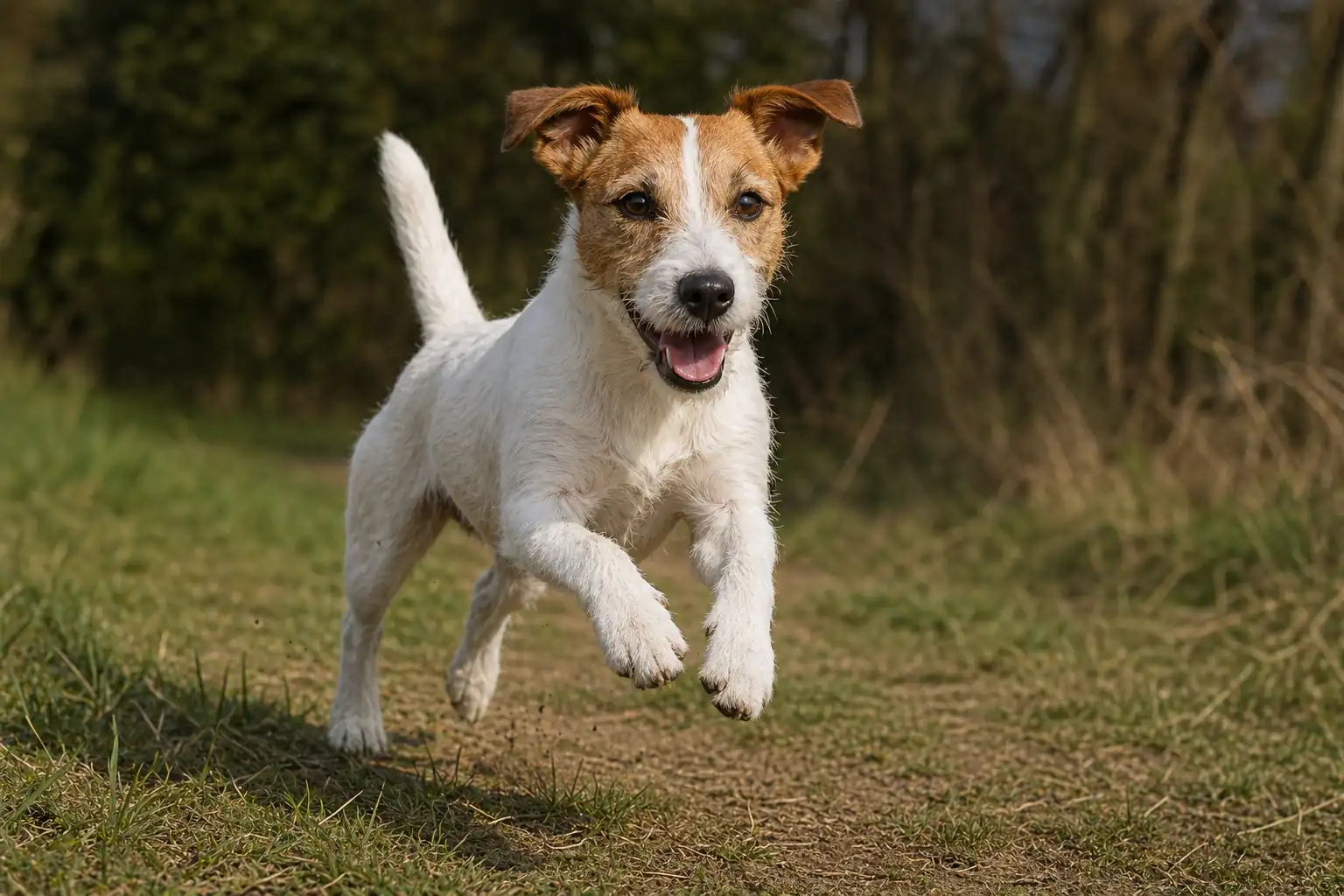 Parson Russell Terrier courant sur un sentier naturel, illustrant un chien terrier sportif, énergique et endurant.