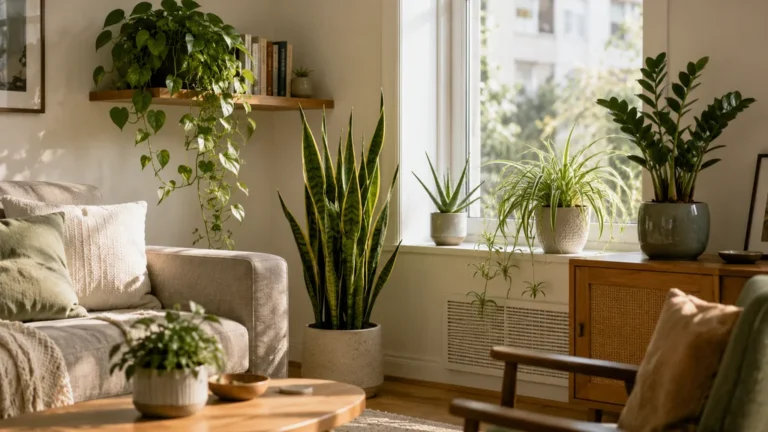Salon lumineux décoré avec des plantes d’intérieur faciles à entretenir pour rendre la maison plus vivante.