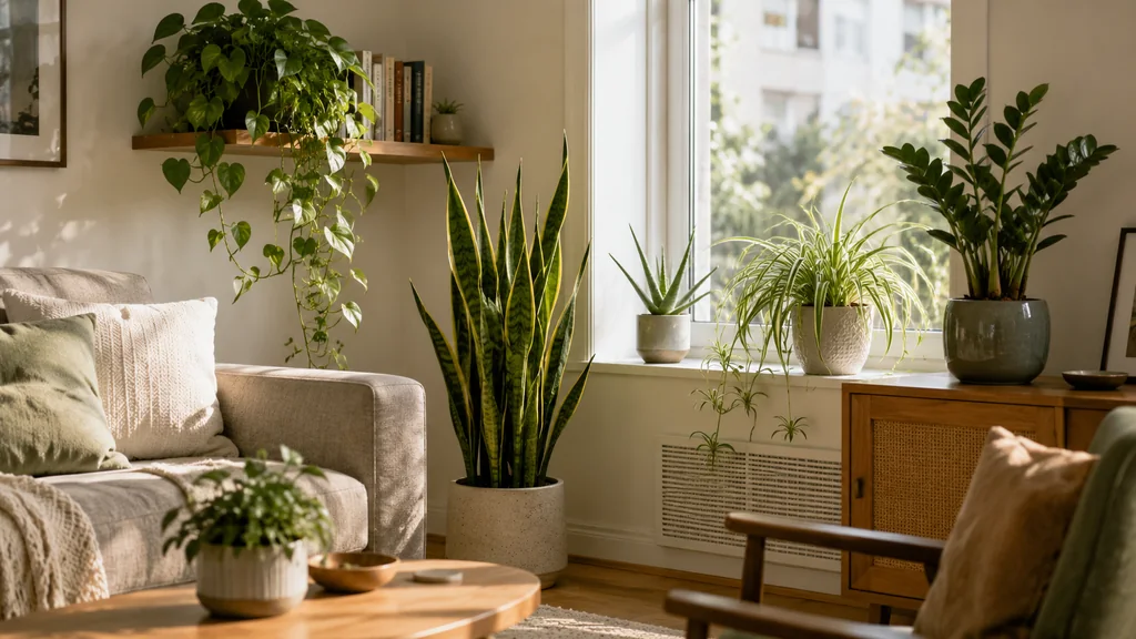 Salon lumineux décoré avec des plantes d’intérieur faciles à entretenir pour rendre la maison plus vivante.