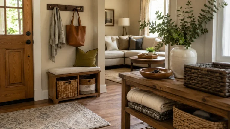 Entrée de maison bien rangée avec banc, paniers, patères et salon organisé pour illustrer un intérieur pratique et agréable.