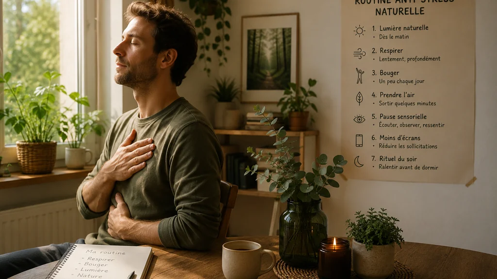 Homme pratiquant une respiration calme dans un intérieur lumineux pour une routine anti-stress naturelle.