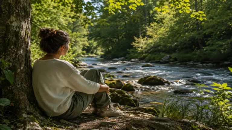 Femme assise près d’une rivière en forêt écoutant les sons apaisants de la nature.