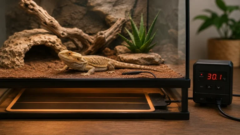 Tapis chauffant terrarium installé sous un habitat pour reptile avec thermostat de contrôle de température